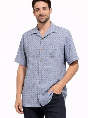 Tommy Bahama 100% Silk Button-Up Shirt Blue Geometric Print Men’s Medium